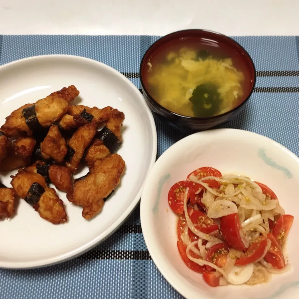 鶏磯部揚げ・かき玉汁・トマトと玉ねぎの胡麻和え|美也子さん