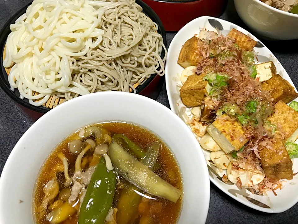 Snapdishの料理写真:肉キノコナス炒めピーマン炒めつけ汁うどんそばあいもり、厚揚げカブ焼きオクラおかかのせ、|ms903さん