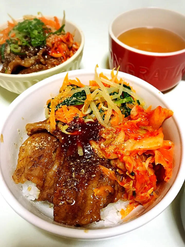 石焼風ビビンバ丼🍲👏どんぶり一番下に当たるご飯は醤油つけてごま油少々でフライパンで焼き色付けておこげ風に🤔❣️@//mari//|//mari//さん