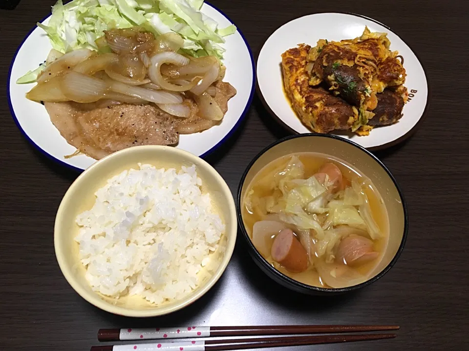 #生姜焼き#納豆オムレツ#野菜のコンソメスープ|はっしーさん