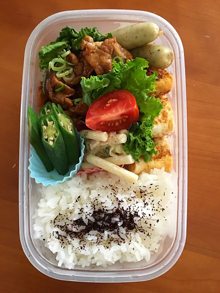 6月14日  お嬢弁当🎶
豚の照り焼き  たまご焼き  ウィンナー  マカロニサラダ  オクラの醤油和え|みゆさん