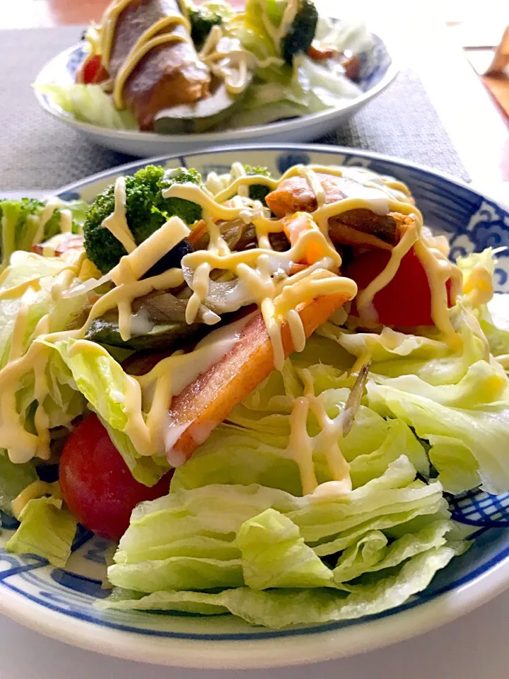 夜サラダと朝サラダの残りで
昼ご飯サラダ盛り盛り🥗|シュトママさん