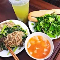 Snapdishの料理写真:. Beef noodle soup - Phở xào bắp bò
. Sugar cane juice - Nước mía quất 
. Bitter fried bread - Bánh mì ba tê chả
#FromVietnam|Kiyoshiさん