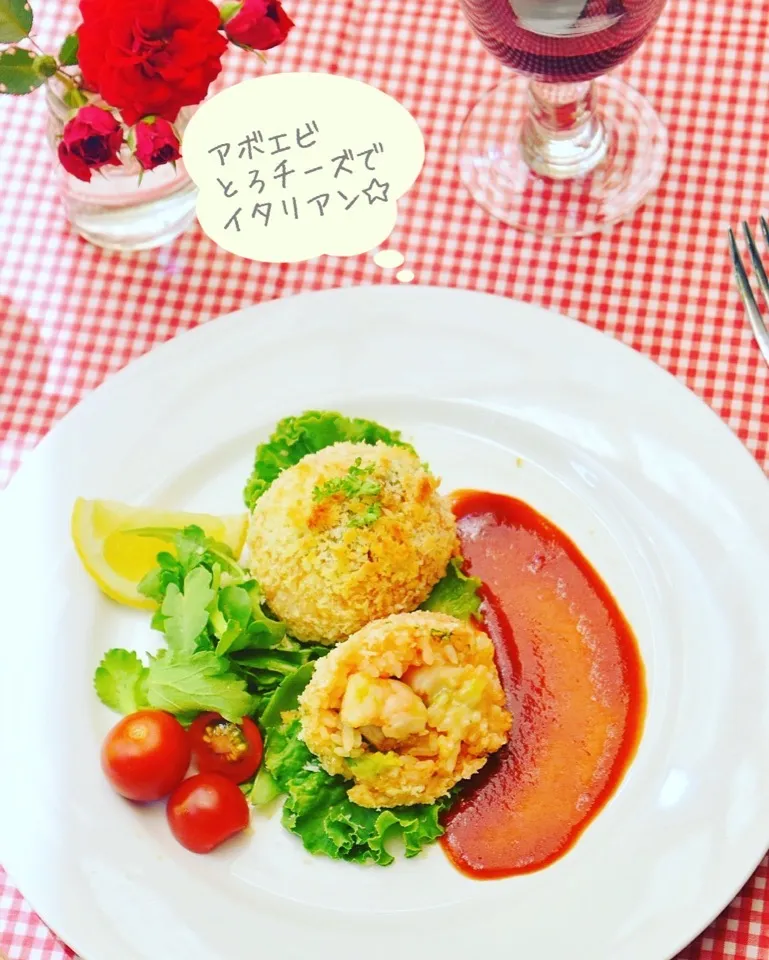 Snapdishの料理写真:エビアボチーズの揚げないアランチーニ♪うまソースで簡単Buono! - ふじたかなの"いつも美味しい！もの探し"|ふじたかなさん