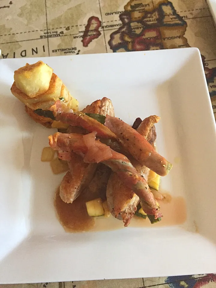 Snapdishの料理写真:Duck with orange sauce on a bed of Stir fry Aubergines and courgettes topped with Bacon wrapped asparagus and served with Sauté potatoes.|Adam Websterさん