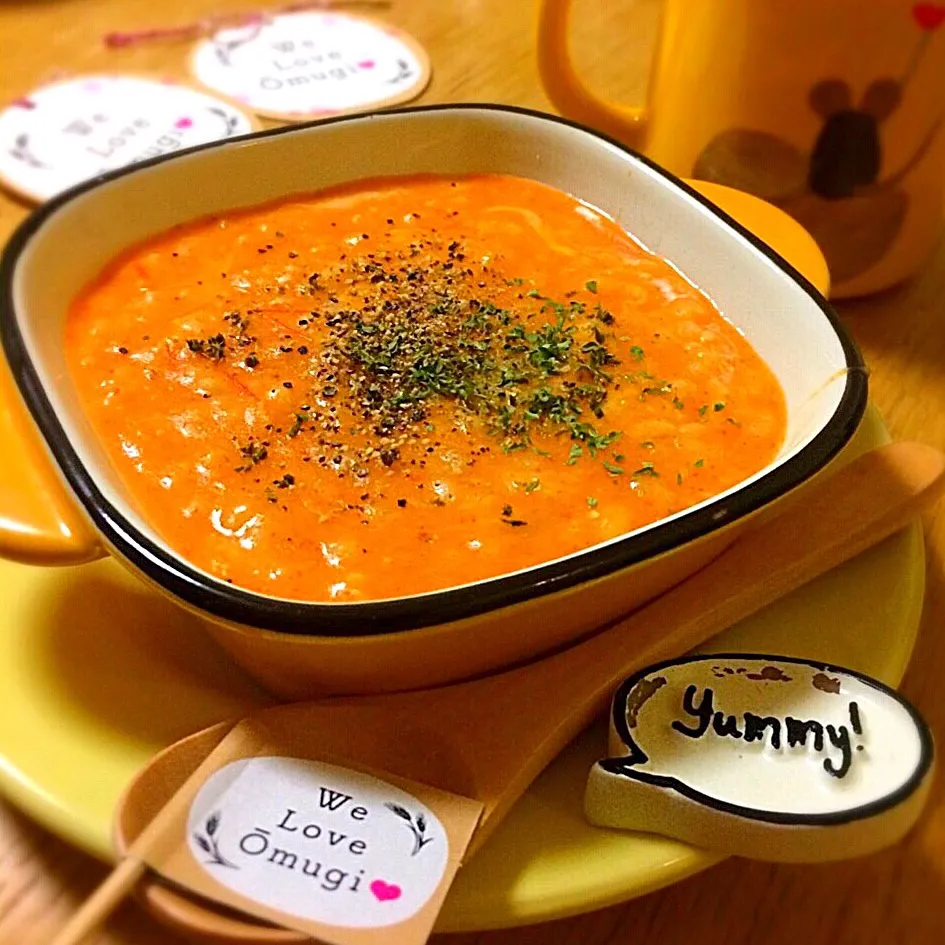 赤ピーマンのポタージュ、もち麦リゾット風／Red Bell Pepper Soup, Porridge／We love OmuGi❤︎!|angiee♡さん