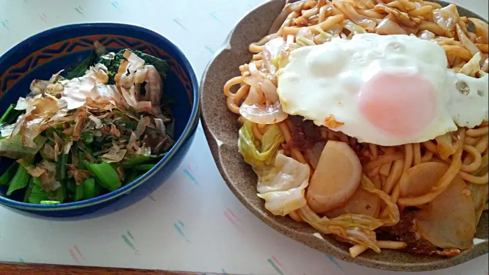 焼きそば☆小松菜のお浸しにはカンタン黒酢と白だし|みぽりんさん