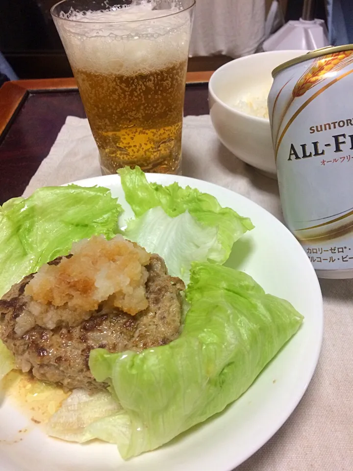 和風おろしポン酢ハンバーグとオールフリー|白金春馬@明日からがんばるさん