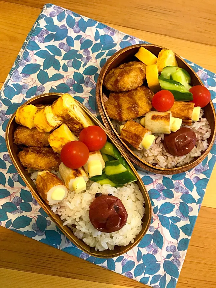 ふたり弁当

雑穀ごはん
梅干し
卵焼き
ちーちく
メンチカツ
きゅうり浅漬け
ミニトマト|ひななぎさん