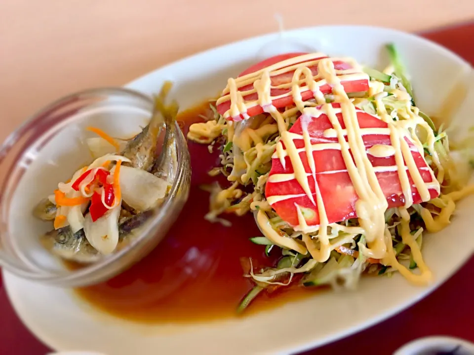 照り焼きちきんサラダ風と豆アジの南蛮漬け|茶一郎さん