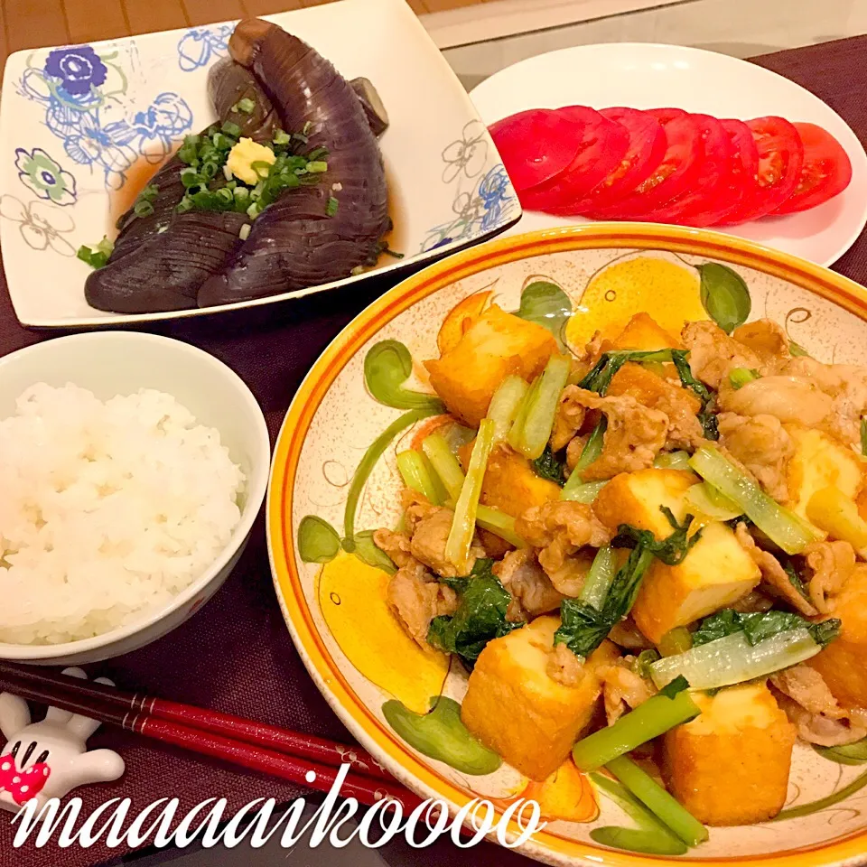 豚肉と厚揚げ小松菜のにんにく味噌炒め🔥冷やしトマト🍅冷やし茄子🍆|マイコさん