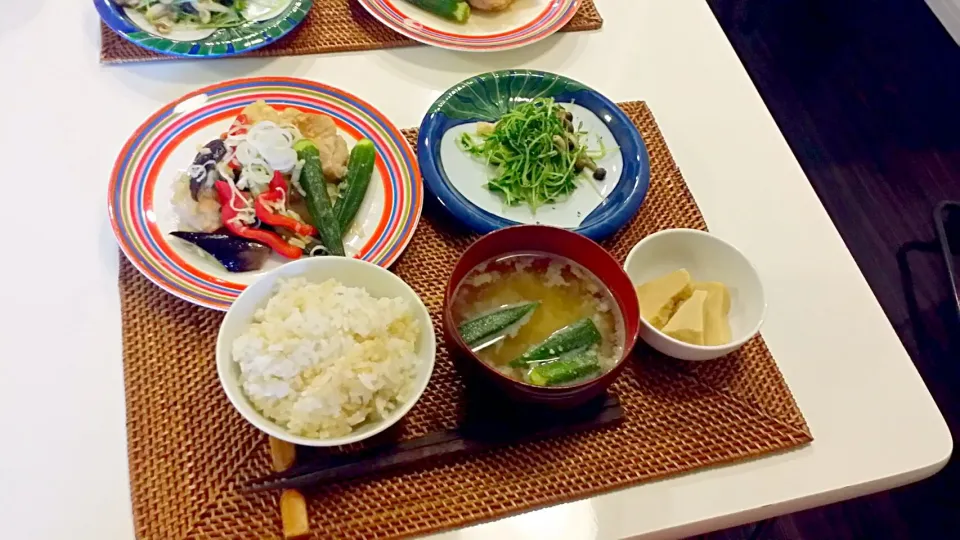 今日の夕食　鶏肉と野菜の生姜ダレ、豆苗の塩麹炒め、高野豆腐の煮物、玄米、オクラの味噌汁|pinknari🐰🌈さん