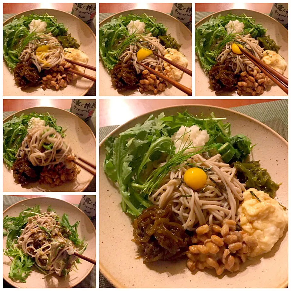 Buckwheat of yamato sticky yam,natto,mozuku,grated radish&harb🌿ねばx2&さっぱり薬味蕎麦|🌈Ami🍻さん