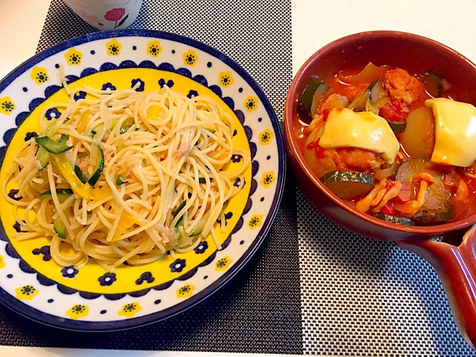 さっぱりサラダパスタ、玉ねぎの肉詰めトマト煮|りんこさん