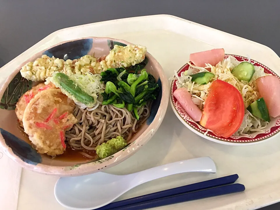 冷しぶっかけ蕎麦、竹輪磯香天、さつま揚の紅生姜揚、青菜、ハムサラダ|Tadahiko Watanabeさん