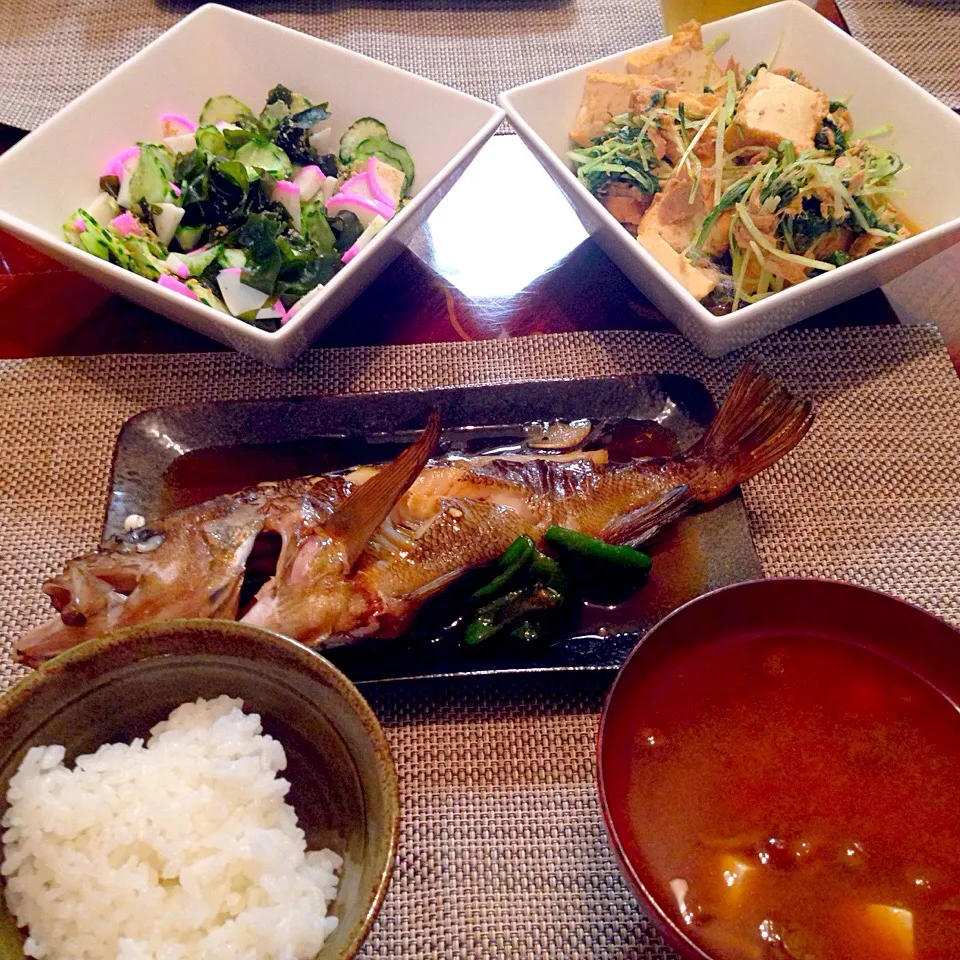 今日の晩御飯(๑´ڡ`๑) メバルの煮付け、水菜と厚揚げのタイタン、ワカメと胡瓜と蒲鉾の酢の物、ごはん、豆腐とナメコの味噌汁|ちゃたままさん