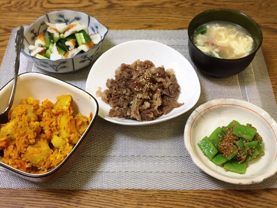 Snapdishの料理写真:ちくわときゅうり・かき玉スープ・モロッコいんげんの胡麻和え・笠原流牛肉のしぐれ煮・アルゴビ|美也子さん