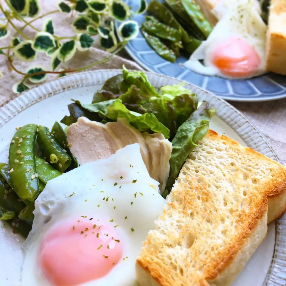 ＊自家製パンの厚切りトースト
＊えんどう豆のきんぴら風
＊ゆで鶏スライス
＊半熟目玉焼き
＊サニーレタスのサラダ

#古川家ごはん #古川家 #料理研究一家 #朝ごはん #手作りパン #春よ恋|料理研究一家「古川家」さん