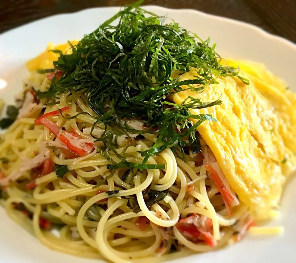 カニカマ青じそ梅味の半オムパスタ
#ブランチ|mottoさん