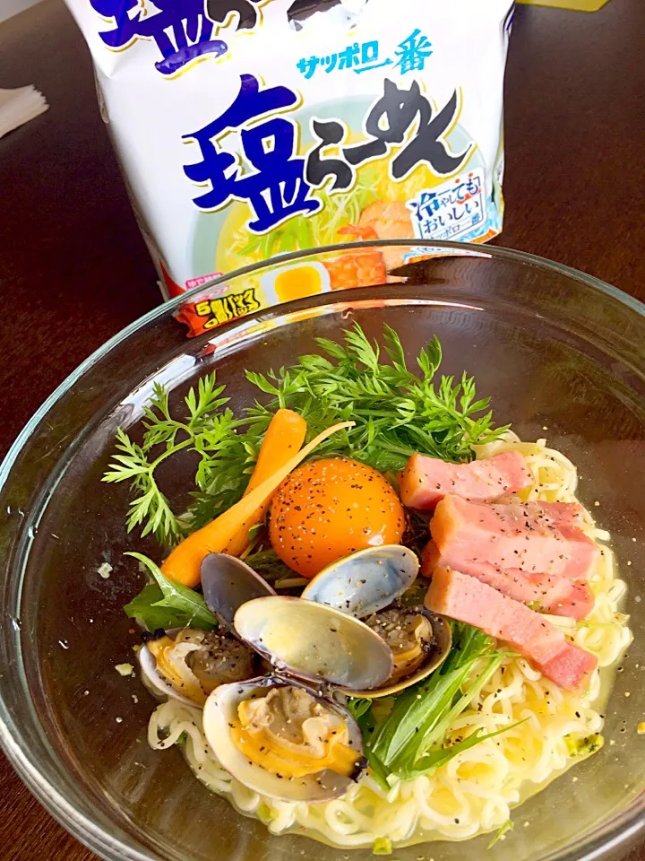 モニターでいただいたサッポロ一番塩ラーメン〜アサリだしでさっぱりカルボナーラ風🌱〜|ききさん