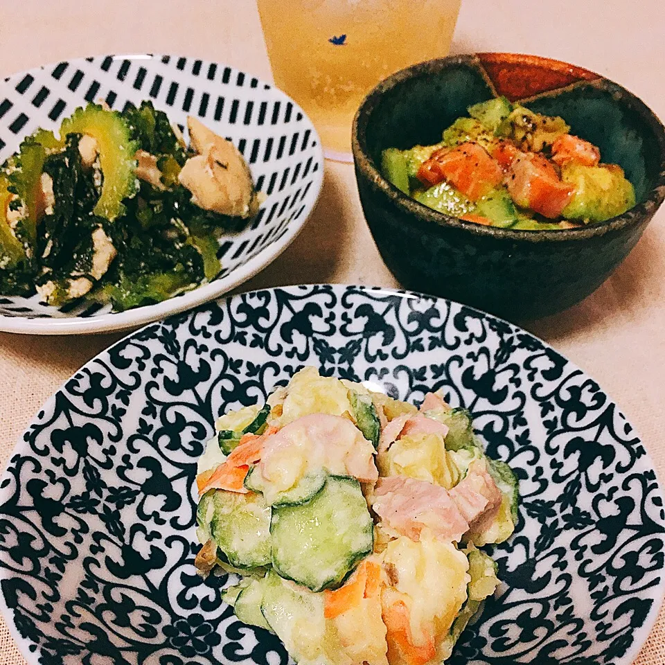 Snapdishの料理写真:#ポテサラ #アボカドサーモン #ゴーヤと鶏胸肉塩麹炒め大葉和え|momo31omomさん