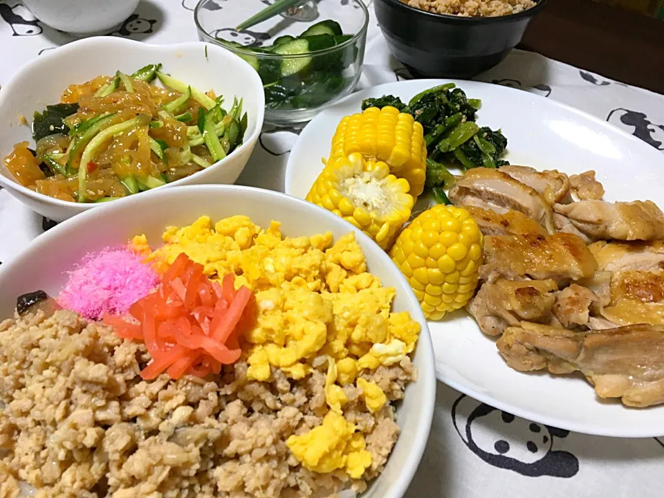 鶏攻め。モモ＆ムネそぼろと、モモ肉焼き。|もじゅさん