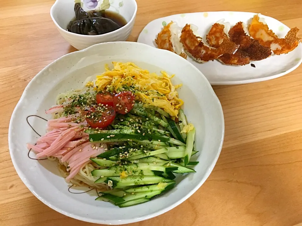 冷やし中華、餃子、茄子の煮浸し|ほなさん