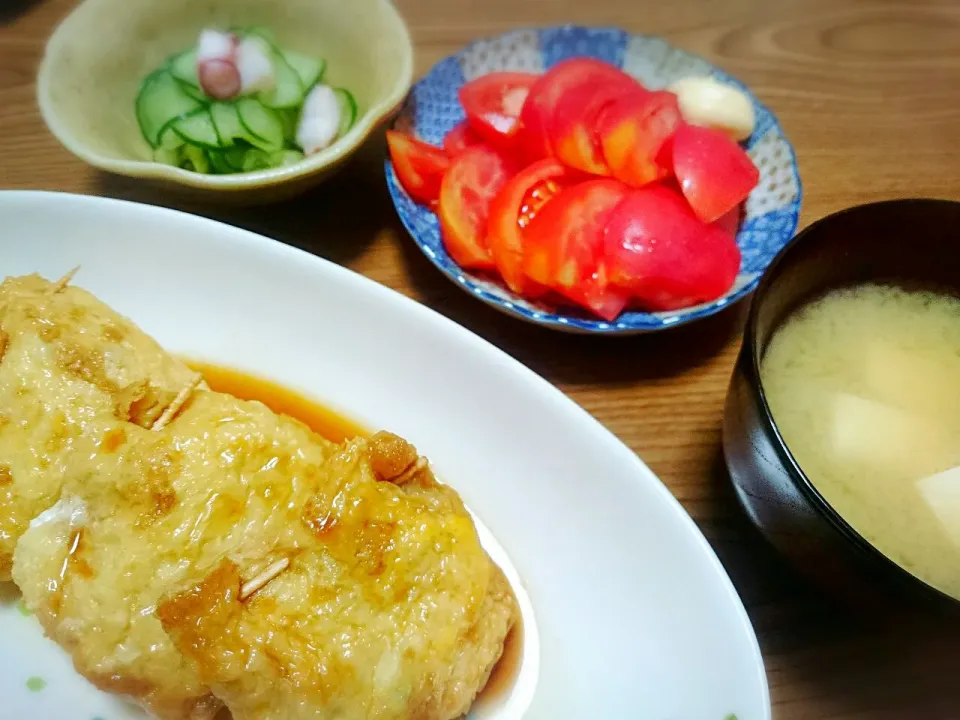 ・薄揚げの宝煮
・冷やしトマト
・タコと胡瓜の酢の物
・豆腐と葱の味噌汁|ようかんさん