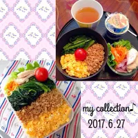 今日のお弁当と朝ごはん(๑´ڡ`๑)/今日は三色弁当&朝ごはんです。このお弁当は主人のなんですけど、お姉ちゃんのリクエストなんです。社会人になったので、さすがに詰めてはいないですがね(^_^;)|ちゃたままさん