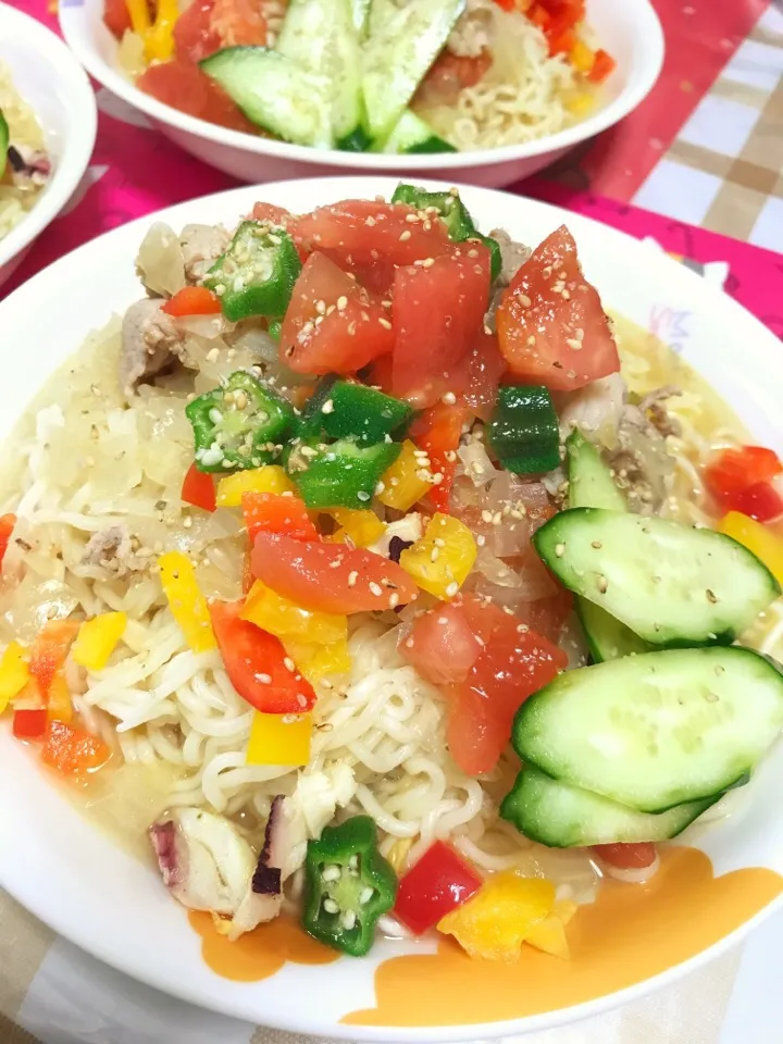 夏野菜と豚肉の冷やしらーめん#塩ラーメン|yukirinさん