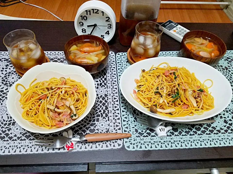 Snapdishの料理写真:ベーコンと大葉のバター醤油パスタ🍝とポトフ🎵|みーさん