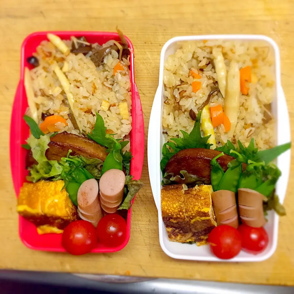 女子高生弁当#二人分 #炊き込みごはん#たけのこ#キノコ#山ごはん|Eriko  Naraさん