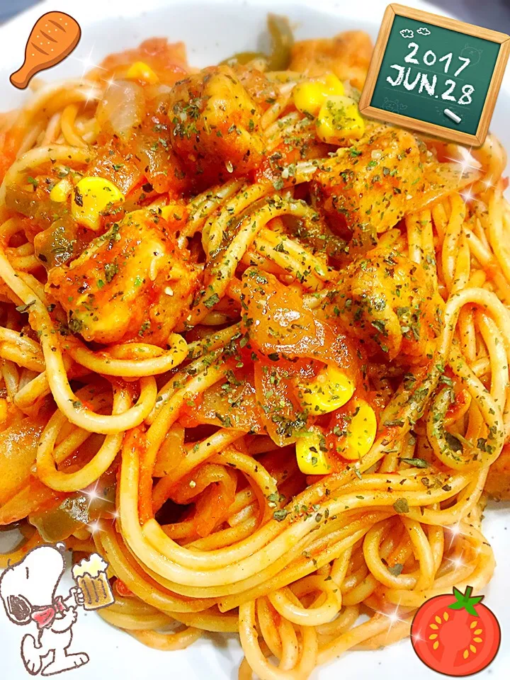 スパイスチキン入りのナポリタン🍅|しずママさん