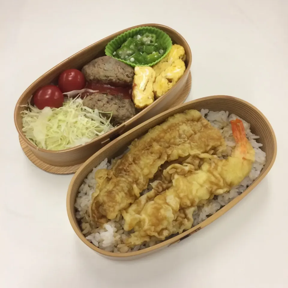 弁当（穴子・海老天丼、ハンバーグ、玉子焼き、オクラ、サラダ）|SasaMasa213さん