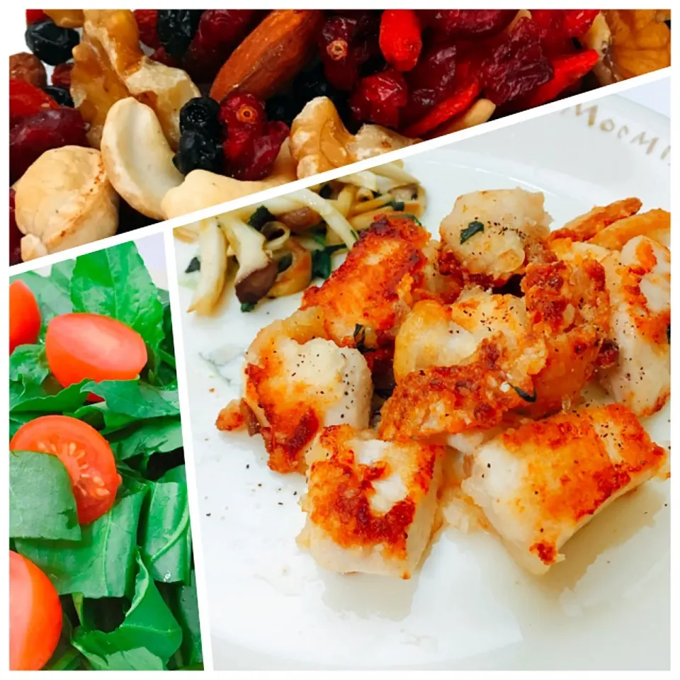 Crispy lemon chicken with eringi mashroom saute  & spinach salad with some fried berries and nuts|Yukiさん