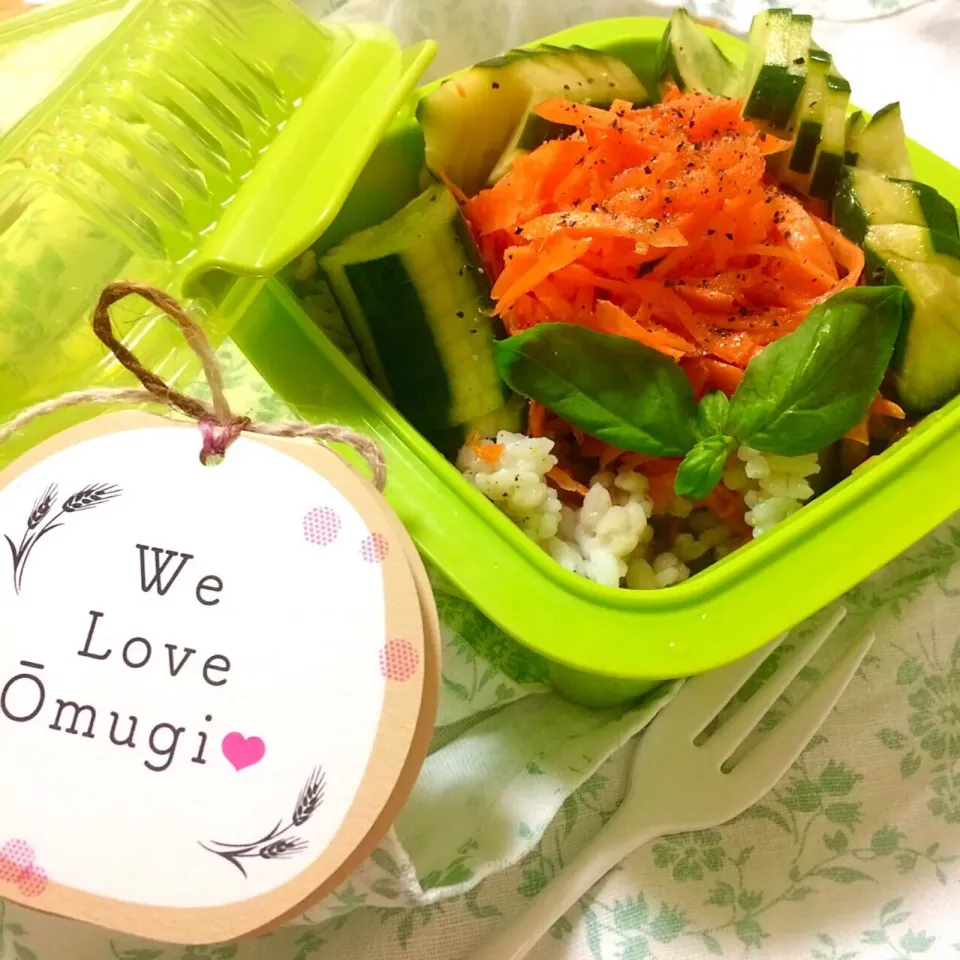 キュウリのレモン漬け、キャロットラペ、茹でもち麦のサラダお弁当🌿／We love OmuGi❤︎!|angiee♡さん