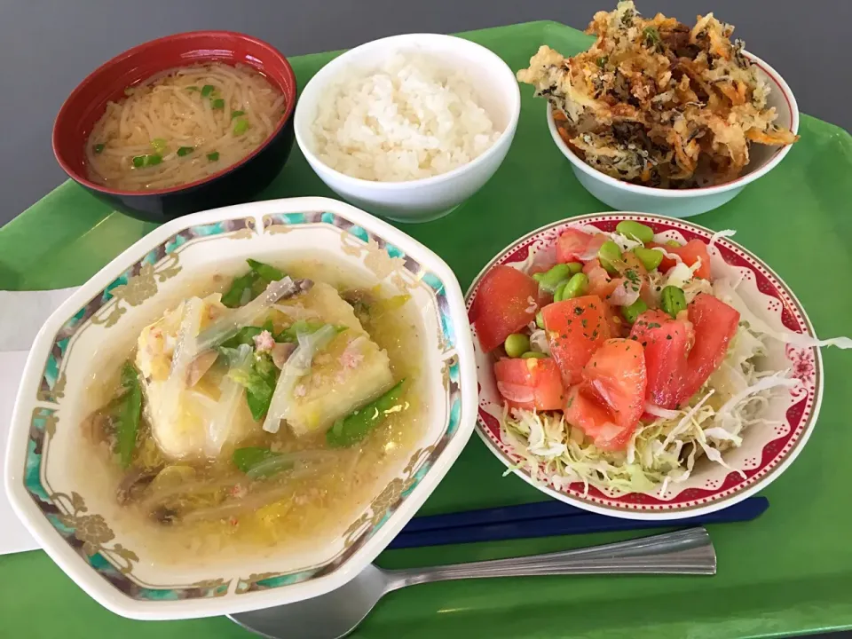 揚豆腐のカニあんかけ、ひじきのかき揚、トマトと枝豆のサラダ|Tadahiko Watanabeさん