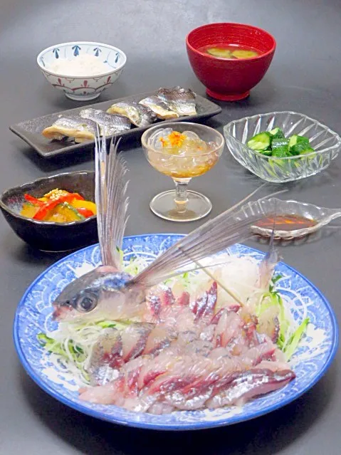 6月28日 今晩は、飛魚姿造り、南瓜とパプリカの炒め煮、ところてん 三杯酢 紅花、胡瓜の浅漬け、飛び王の塩焼き、茄子の味噌汁、もち麦ご飯  長崎は島根で夏に撮れる飛魚を使って作るあごだし。長崎では焼いて干し、島根では茹でて干すそうです。 飛魚は海面から数メートルも高く飛び上がり、時速約60キロメートルの速さで400メー|akazawa3さん