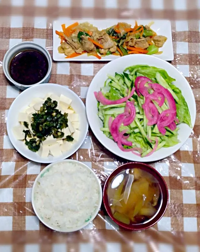 肉炒め
野菜サラダ
豆腐万能ニラ乗せ
余った餃子の皮入りワンタンスープ|時雨さん