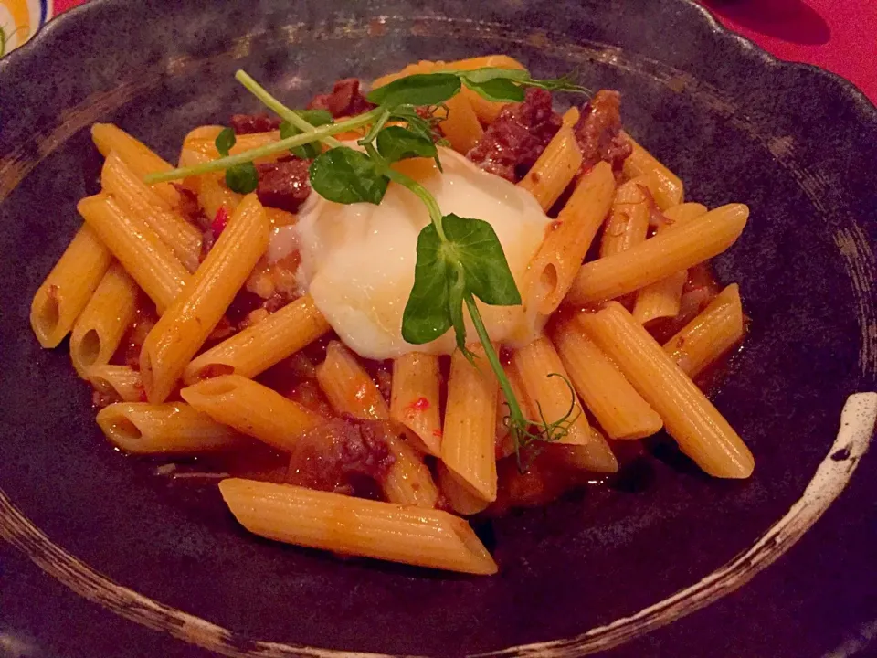 Braised beef & onsen egg with penne|Sky Blueさん