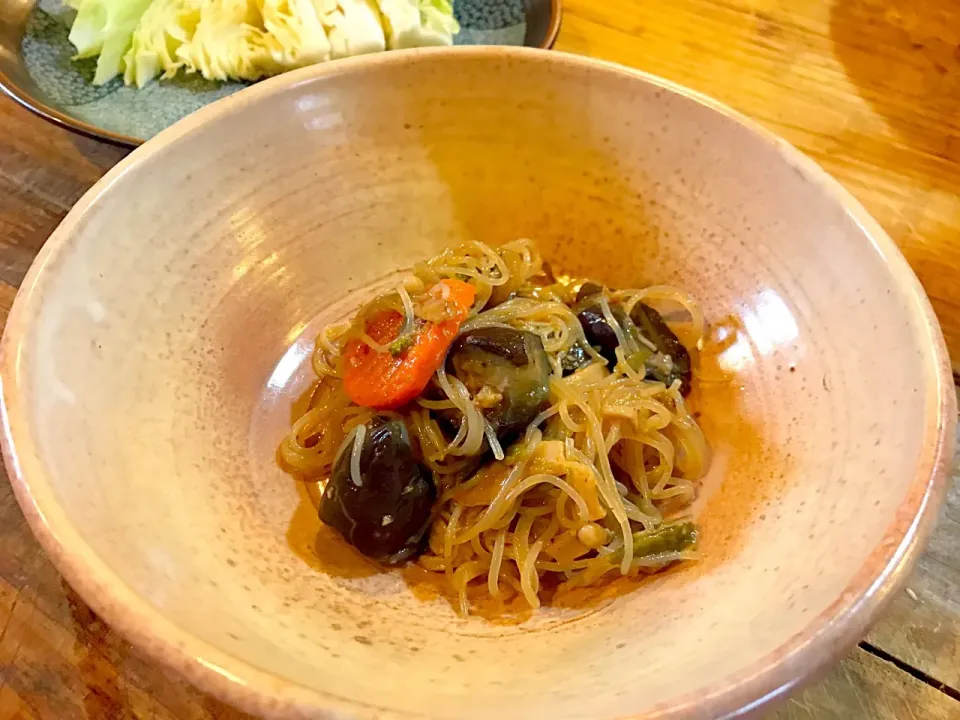 【朝の賄い】
#亀戸養生料理オスギ 
養生焼きそば 麻婆なす(しらたき)|亀戸 養生蕎麦 高のさん