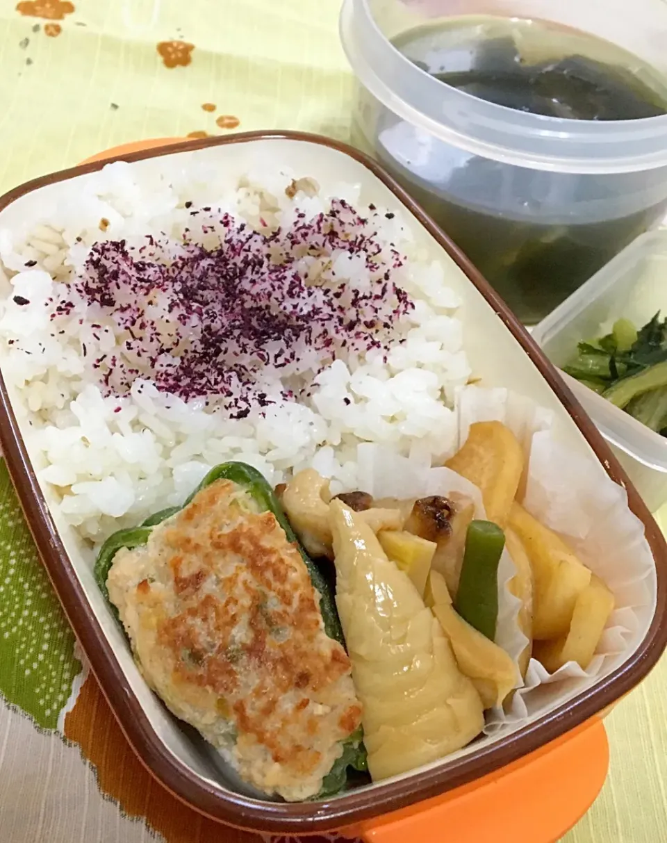 単身赴任の昼ごはん☀️ ピーマン肉詰め弁当🍱🍴 ピーマン肉詰め タケノコとちくわの煮物 大根きんぴら 野沢菜漬 ワカメと玉ねぎのスープ 麦ご飯|ぽんたさん