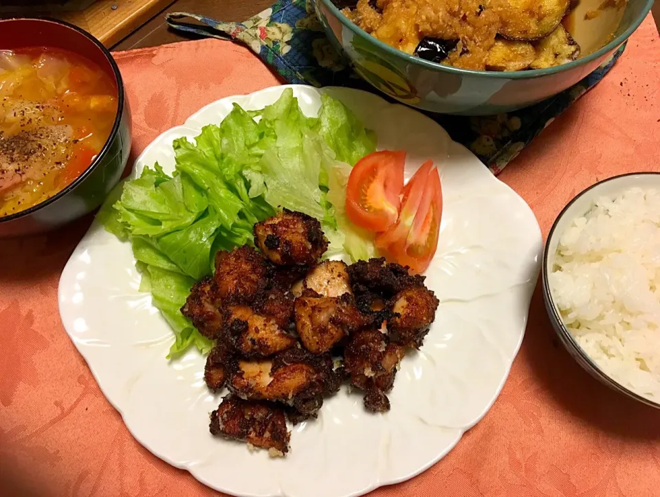 鳥の唐揚げ  揚げなすおろしポン酢和え
トマト入り野菜スープ|Junko Tominagaさん