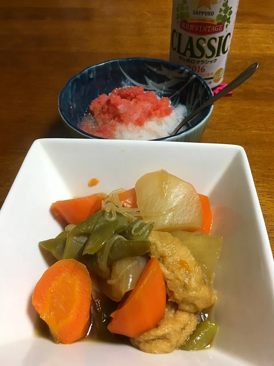 Snapdishの料理写真:お豆さんと大根人参お揚げさんの煮物
大根おろし明太子乗せ
富良野VintageCLASSICで乾杯🍻|Miekoさん