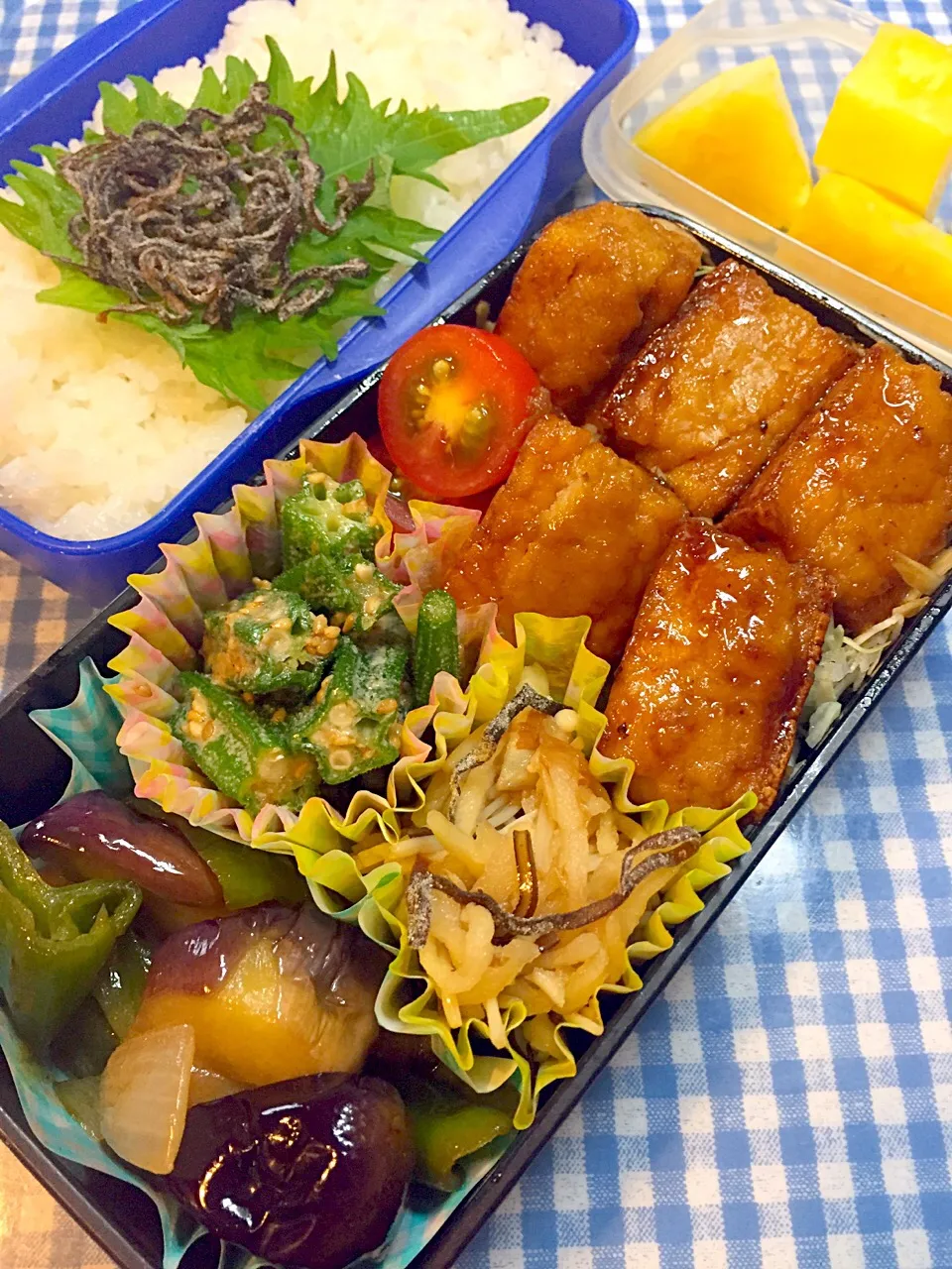 Snapdishの料理写真:厚揚げの肉詰め照り焼き弁当☆7/4|yu-co☆さん