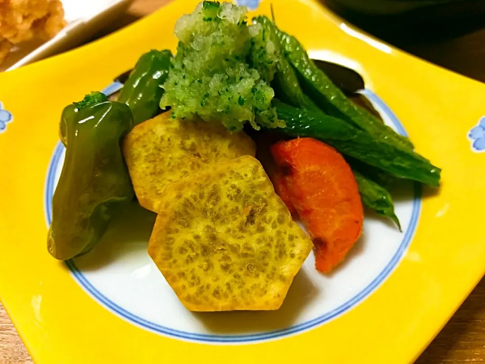 Snapdishの料理写真:夏野菜の素揚げキュウリ下ろしポン酢|vege食堂さん