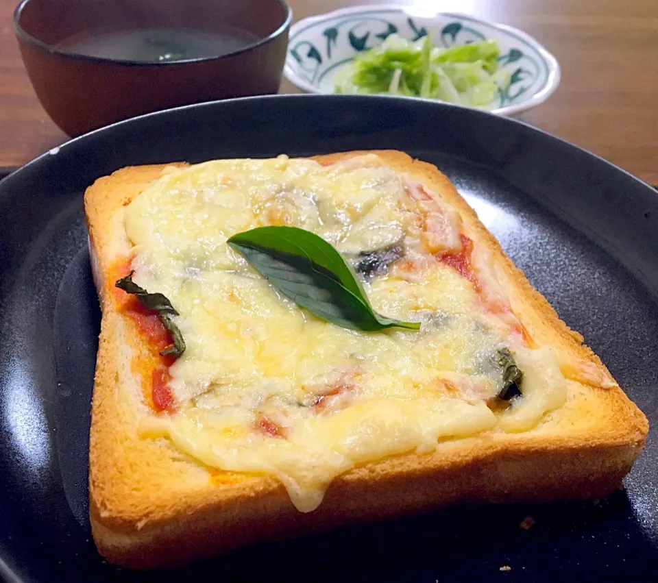 単身赴任の朝ごはん(*Ü*)ﾉ"☀
トマトソースと、アンチョビソース、バジルのピザトースト🍕🍞
コールスロー
わかめスープ|ぽんたさん