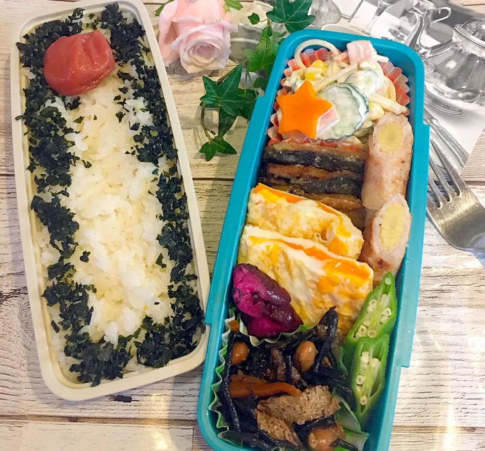 今日のお弁当🍱
蒸し暑いから熱中症予防の為にお漬物や梅干しを入れて塩分多目😉|Seikoさん