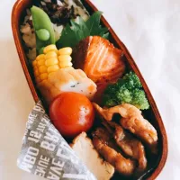 Snapdishの料理写真:鮭のハニー・マスタード焼きと豚こま肉でトンテキ🍱弁当|とばっちさん