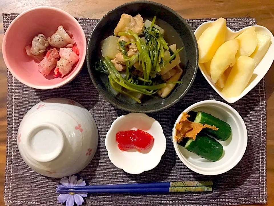 鶏肉と大根の煮物、きゅうり味噌、紅生姜の肉巻き|せさん